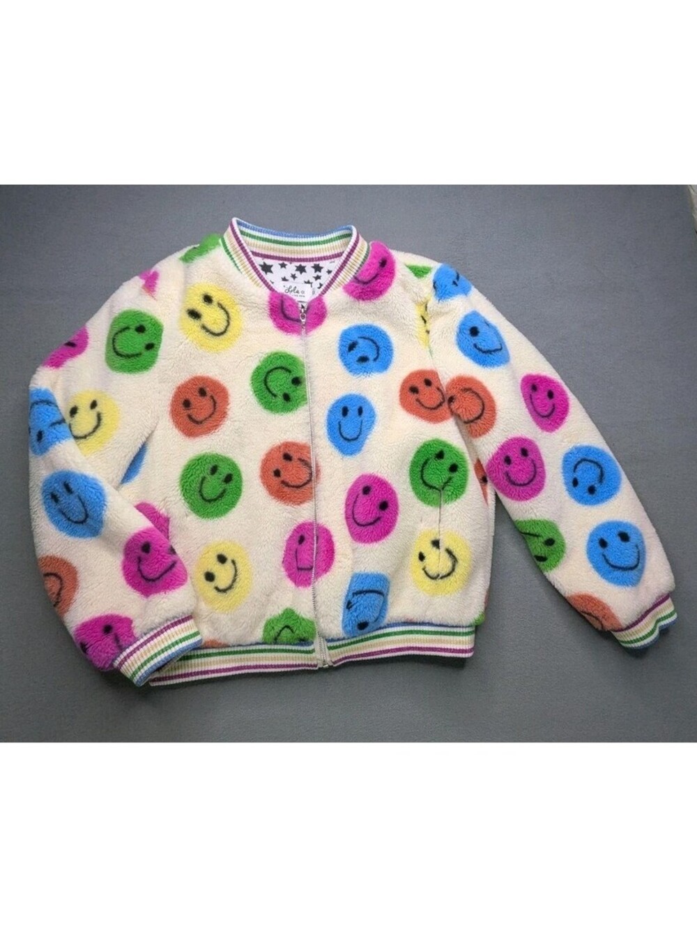 Lola + The Boys Jacket Kids 12 Multicolor Smiley Fleece Bomber Winter Zip Coat